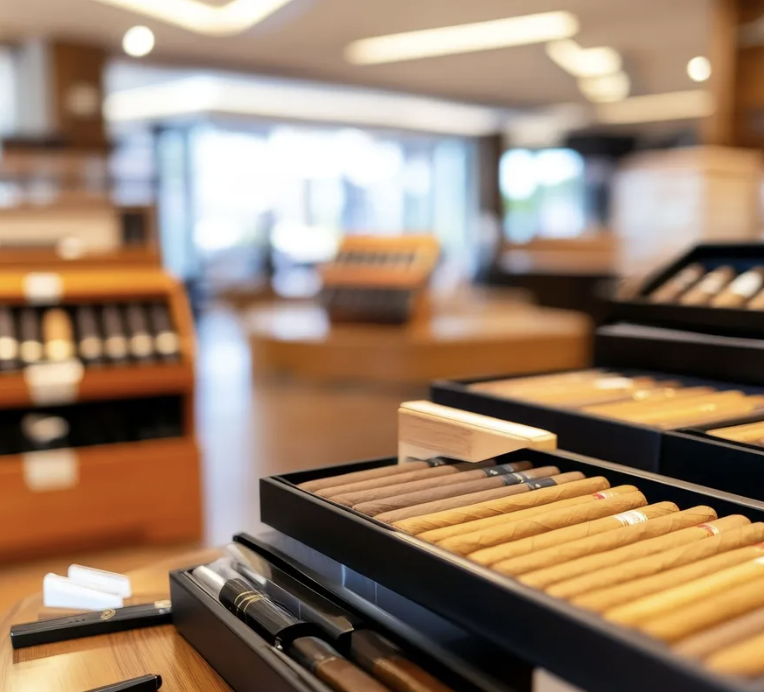 Display of premium cigars in black boxes at an upscale tobacco shop with wooden counter