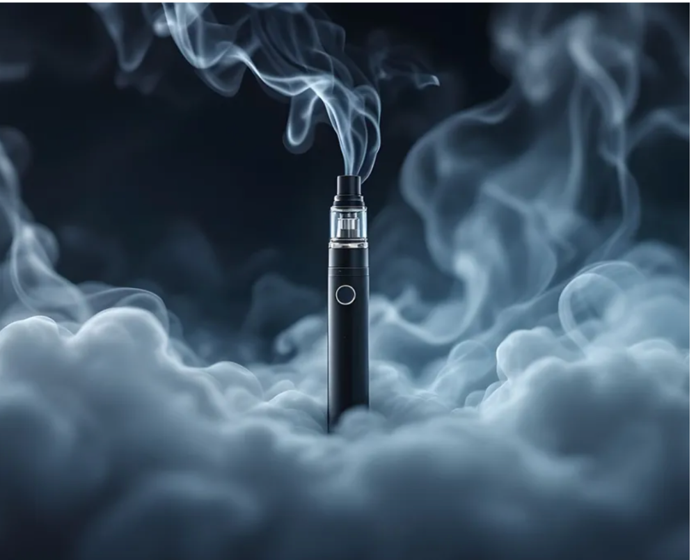 Black electronic vaping device producing white vapor clouds against dark background